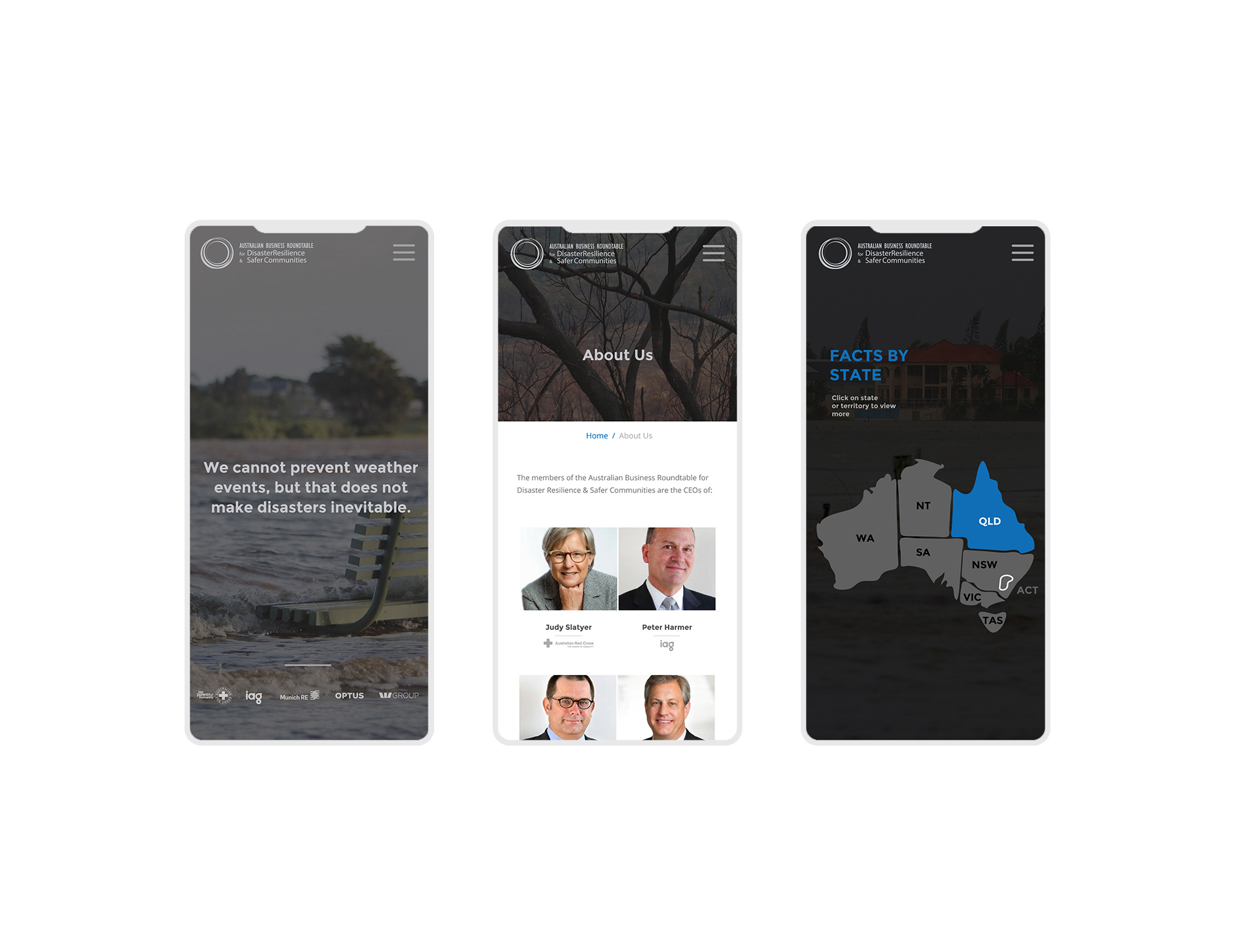 Mobile view of three pages of the website