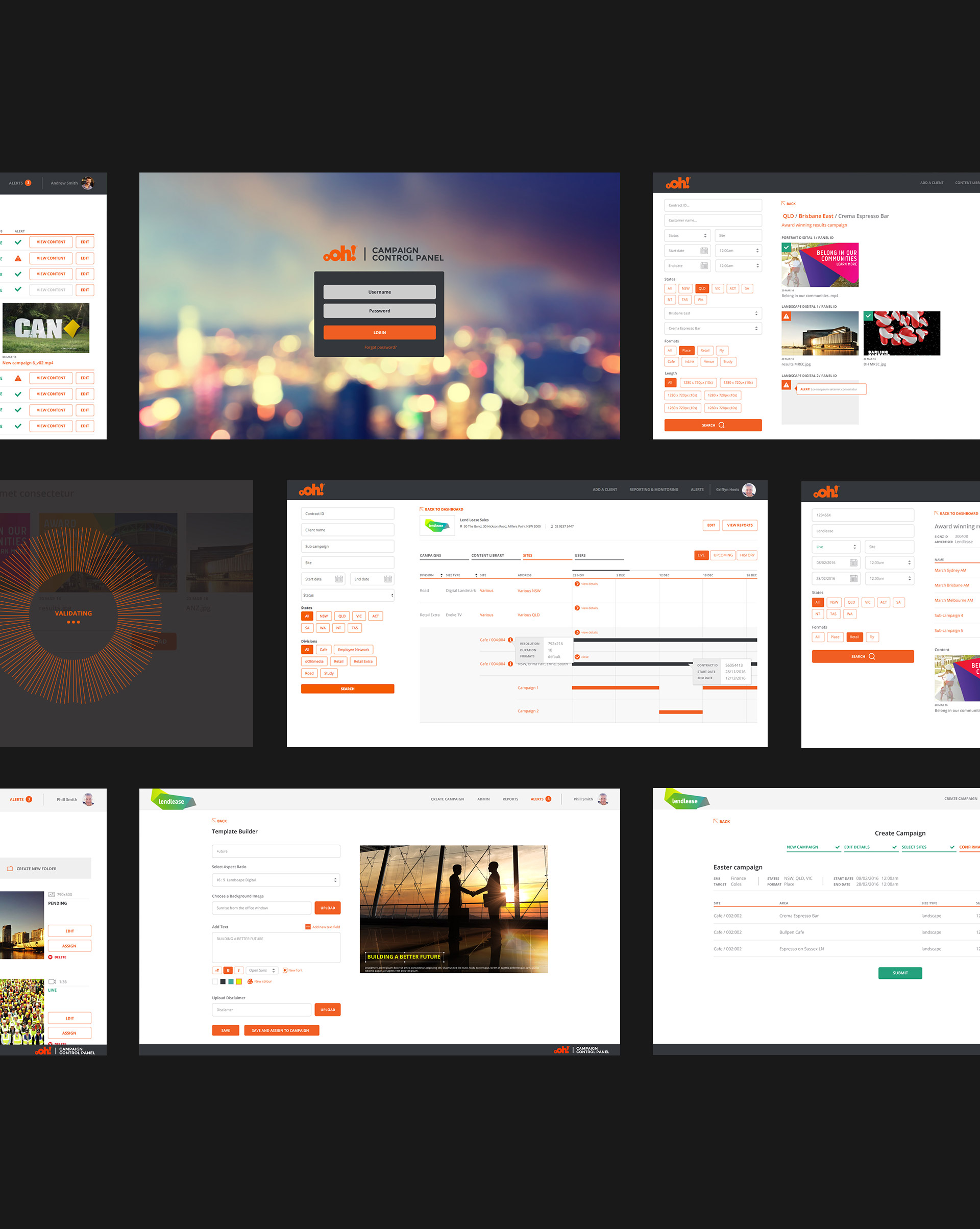 Different screens of the software