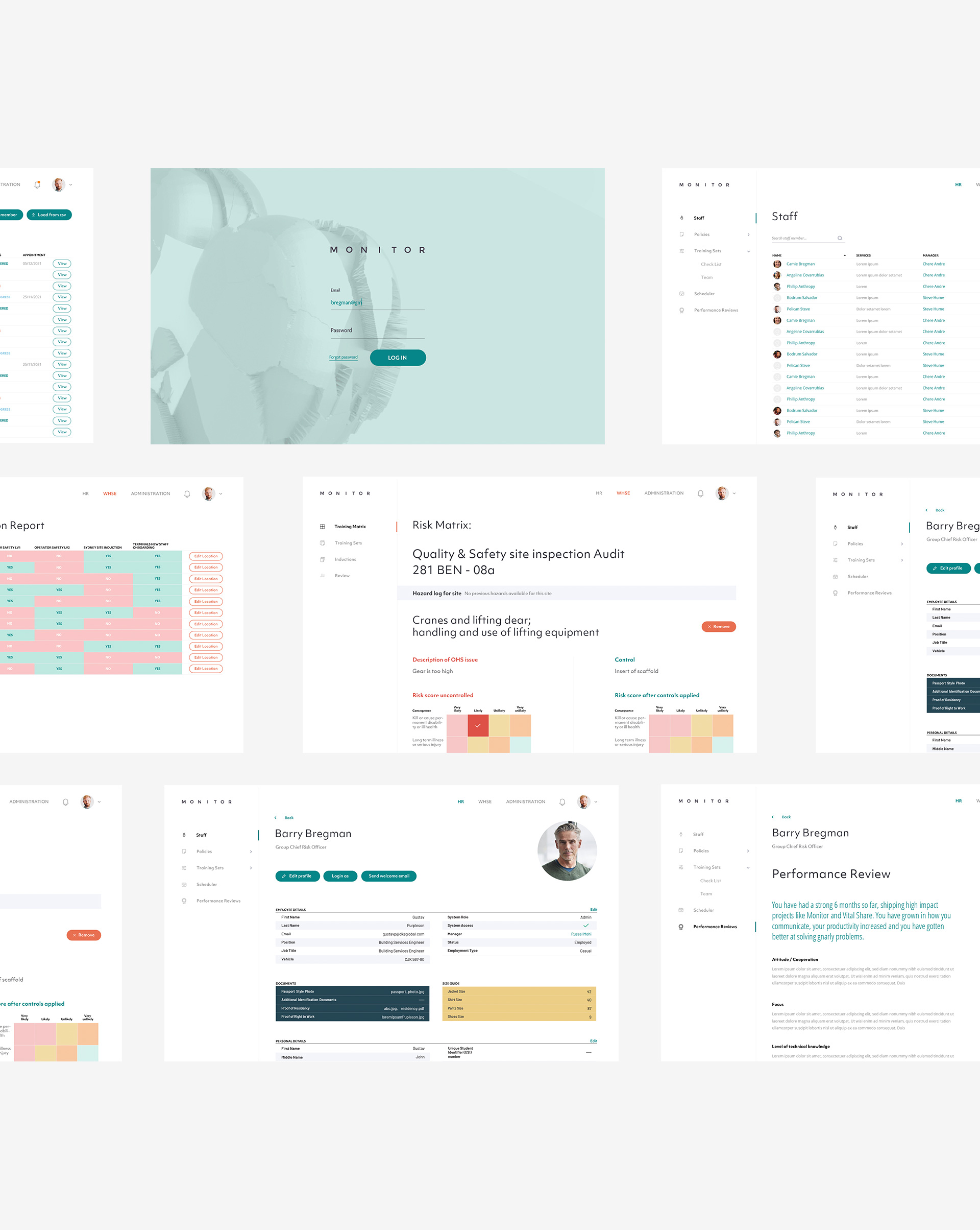 Different screens of the software