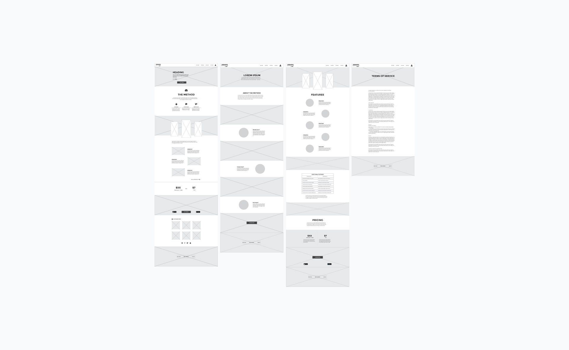 Wireframes for the home page of the website