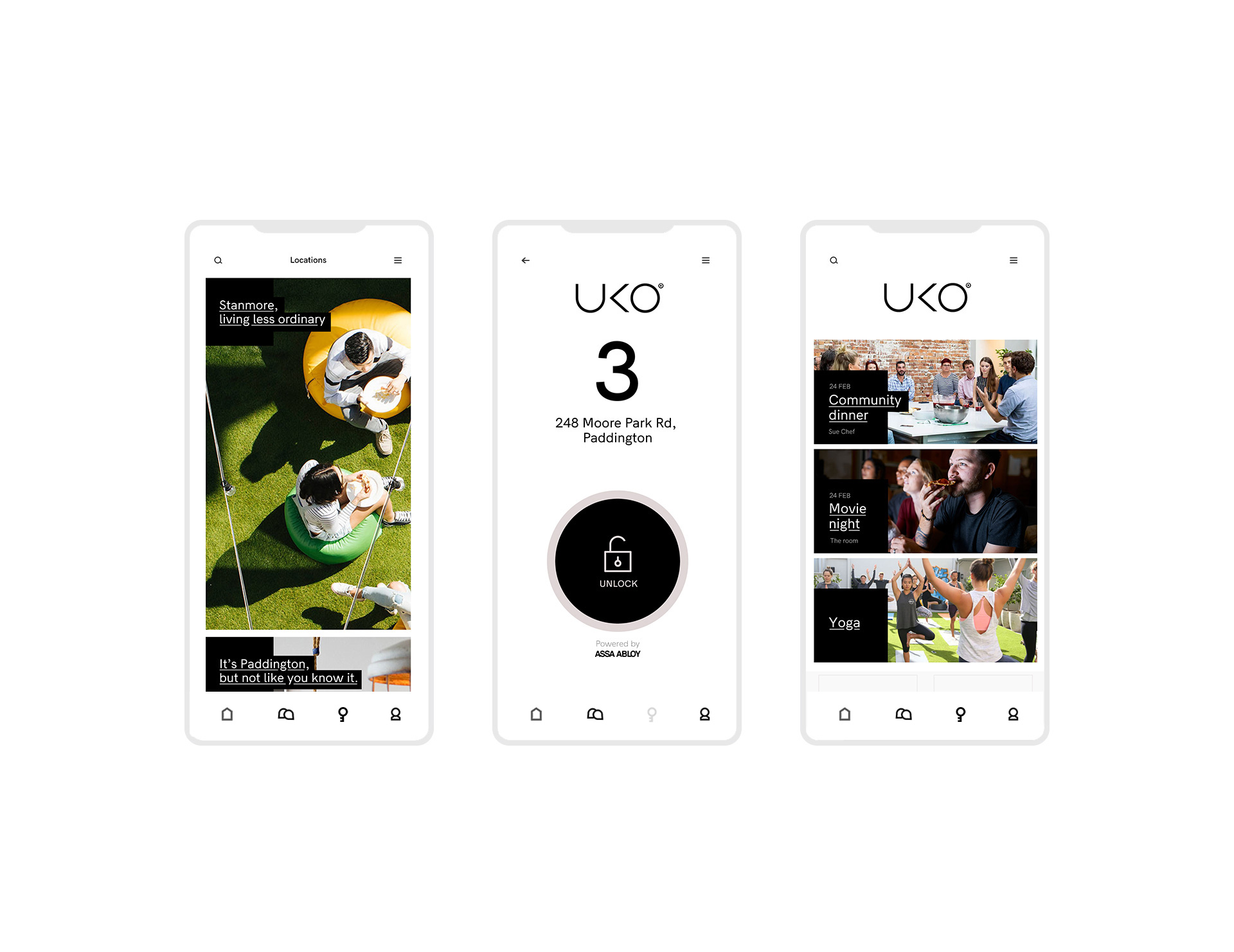 Mobile screens showing location section with description and payment plan options.
